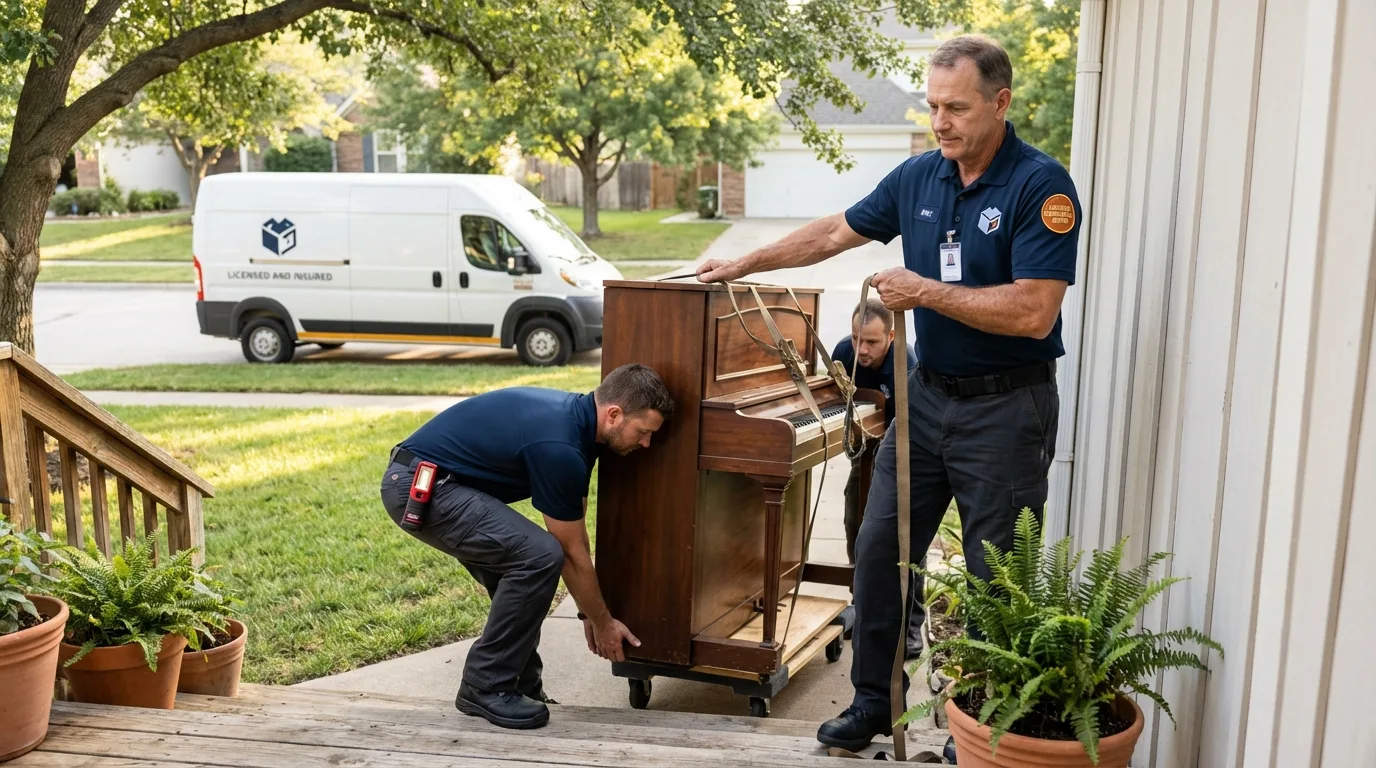 Licensed piano movers securing grand piano in Algoma, WI