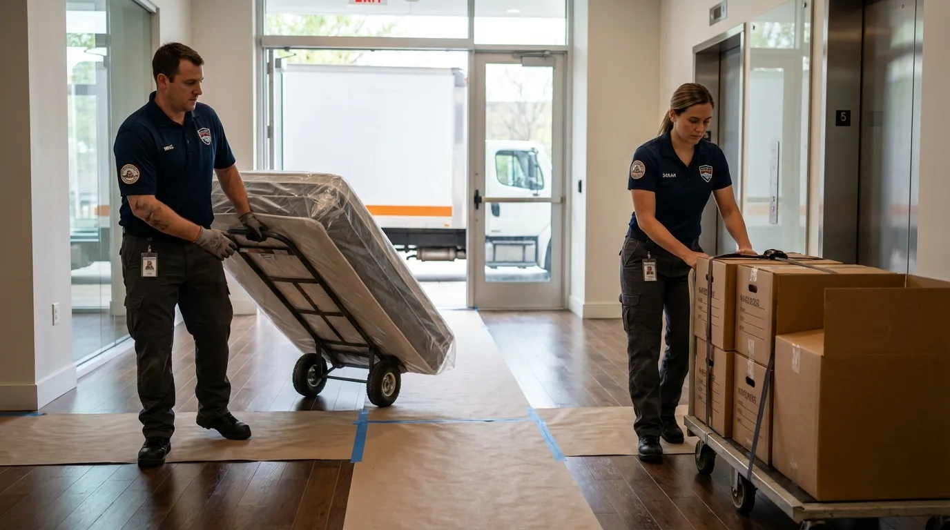 Professional apartment movers loading elevator in Algoma, WI