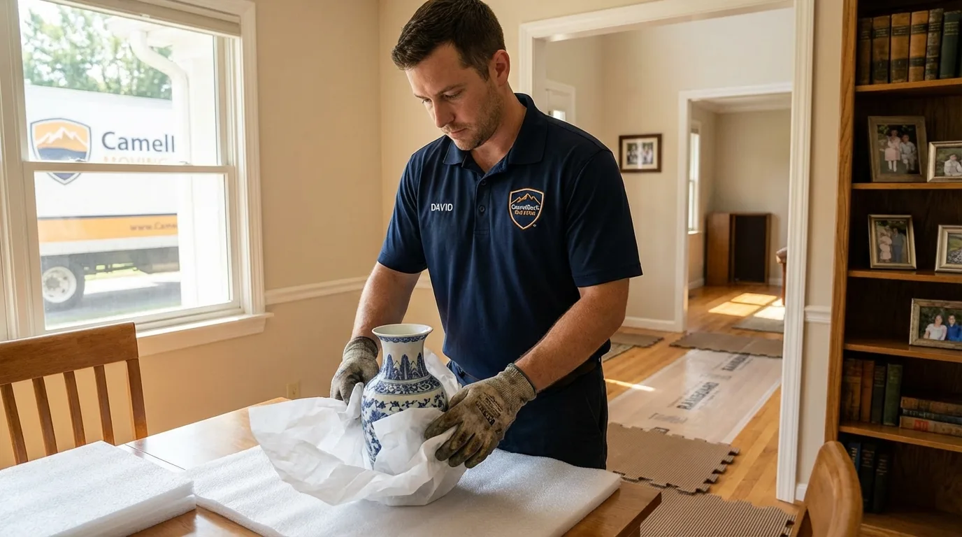 Professional crew carefully wrapping antique vase for senior downsizing move in Algoma, WI